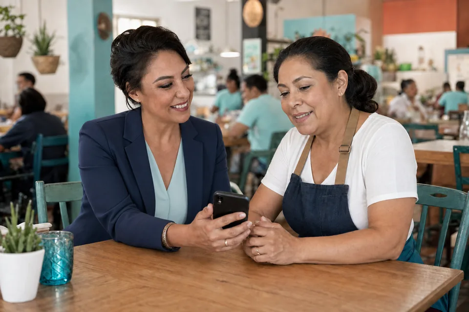 Iris helping a restaurant owner review an automatic reply to a missed call